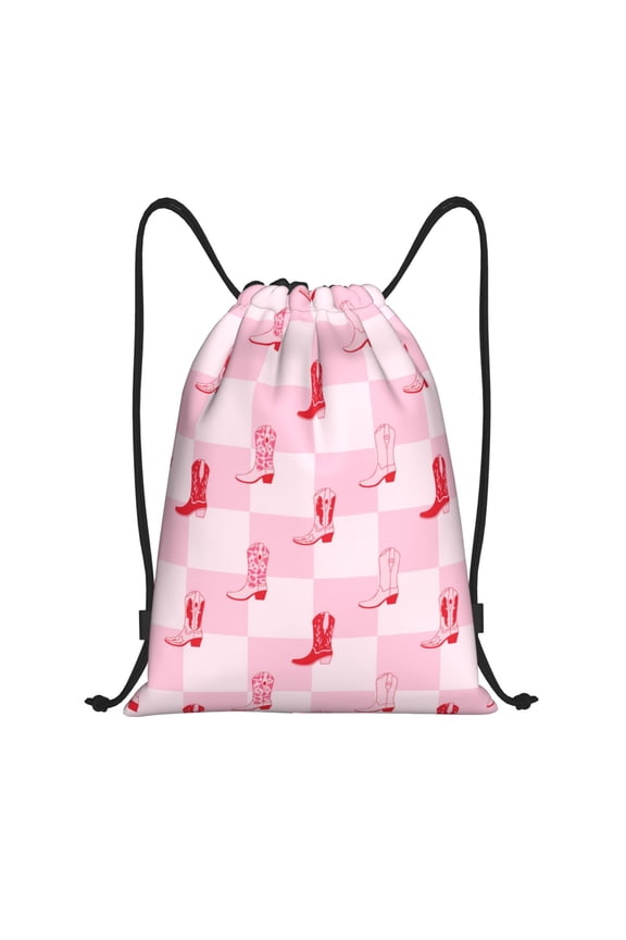 Drawstring Backpack - Retro pink Cowgirl boots checkerboard Splash Proof Small Drawstring Gym Bag for Women Men, Cinch Sports String Bag Backpack for Travel Swimming Beach