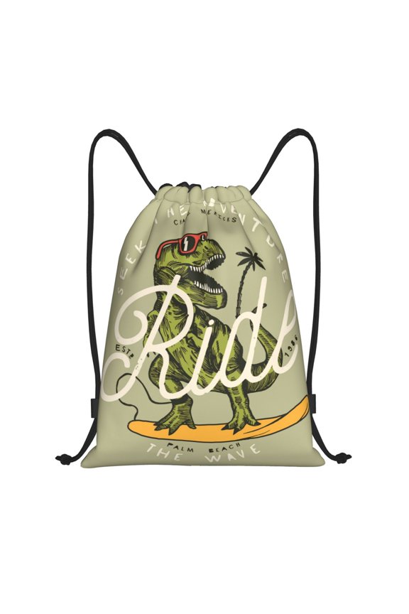 Drawstring Backpack - Ride The Wave Dinosaur Surfer Splash Proof Small Drawstring Gym Bag for Women Men, Cinch Sports String Bag Backpack for Travel Swimming Beach