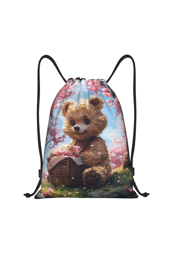 Drawstring Backpack - Romantic Pink Floral Bear Splash Proof Small Drawstring Gym Bag for Women Men, Cinch Sports String Bag Backpack for Travel Swimming Beach