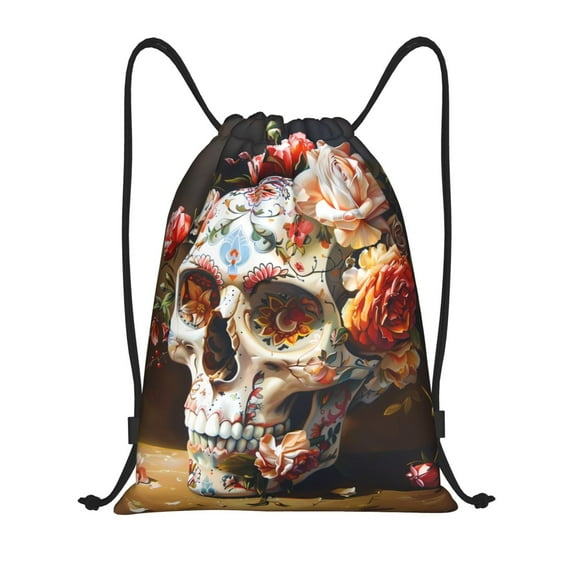 Drawstring Backpack - Rose Floral Skull Splash Proof Small Drawstring Gym Bag for Women Men, Cinch Sports String Bag Backpack for Travel Swimming Beach