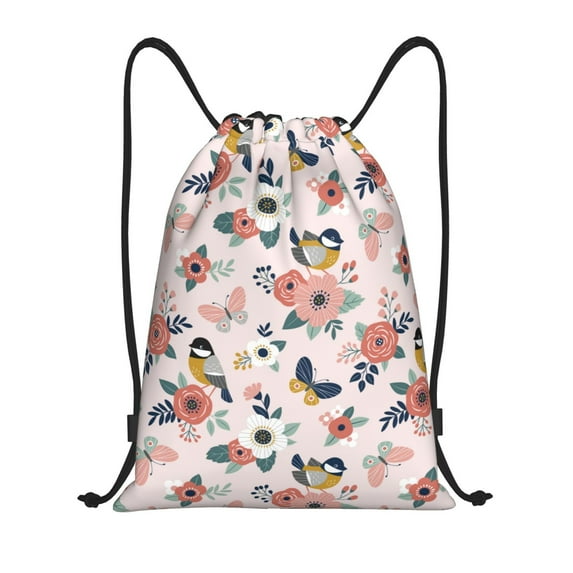 Drawstring Backpack - Rose Flowers Butterfly Bird Splash Proof Small Drawstring Gym Bag for Women Men, Cinch Sports String Bag Backpack for Travel Swimming Beach