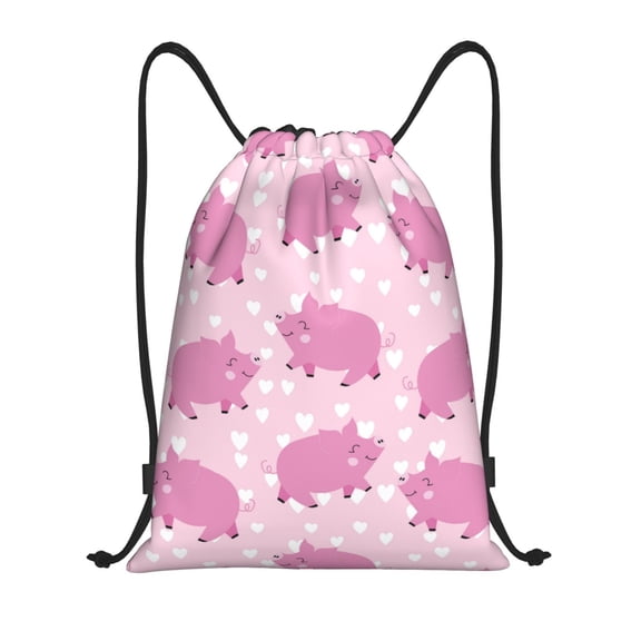 Drawstring Backpack - Rose Pink Cute Pig Love Splash Proof Small Drawstring Gym Bag for Women Men, Cinch Sports String Bag Backpack for Travel Swimming Beach