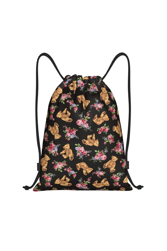Drawstring Backpack - Rose flower bear Splash Proof Small Drawstring Gym Bag for Women Men, Cinch Sports String Bag Backpack for Travel Swimming Beach