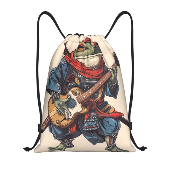 Drawstring Backpack - Samurai Frog Guitar Splash Proof Small Drawstring Gym Bag for Women Men, Cinch Sports String Bag Backpack for Travel Swimming Beach