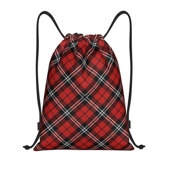 Drawstring Backpack - Scottish checkered black red plaid Splash Proof Small Drawstring Gym Bag for Women Men, Cinch Sports String Bag Backpack for Travel Swimming Beach