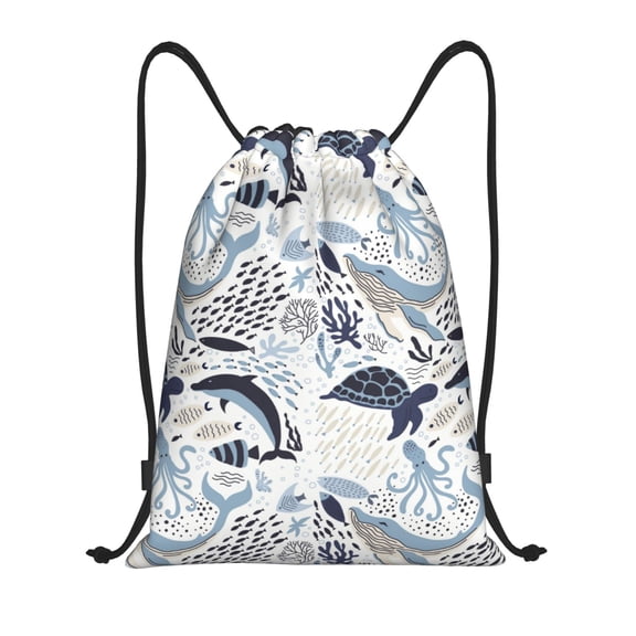 Drawstring Backpack - Sea Animal Elements Splash Proof Small Drawstring Gym Bag for Women Men, Cinch Sports String Bag Backpack for Travel Swimming Beach