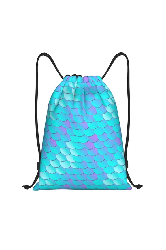 Drawstring Backpack - Sequins texture blue fish scale Splash Proof Small Drawstring Gym Bag for Women Men, Cinch Sports String Bag Backpack for Travel Swimming Beach