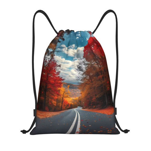 Drawstring Backpack - Serene Autumn Forest Path Splash Proof Small Drawstring Gym Bag for Women Men, Sports Cinch String Bag Backpack for Travel Swimming Beach