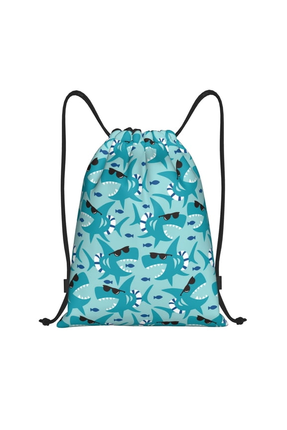 Drawstring Backpack - Shark Wearing Sunglasses Splash Proof Small Drawstring Gym Bag for Women Men, Cinch Sports String Bag Backpack for Travel Swimming Beach