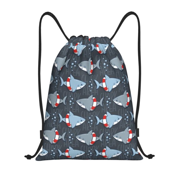 Drawstring Backpack - Shark Wearing Swim Ring Splash Proof Small Drawstring Gym Bag for Women Men, Cinch Sports String Bag Backpack for Travel Swimming Beach