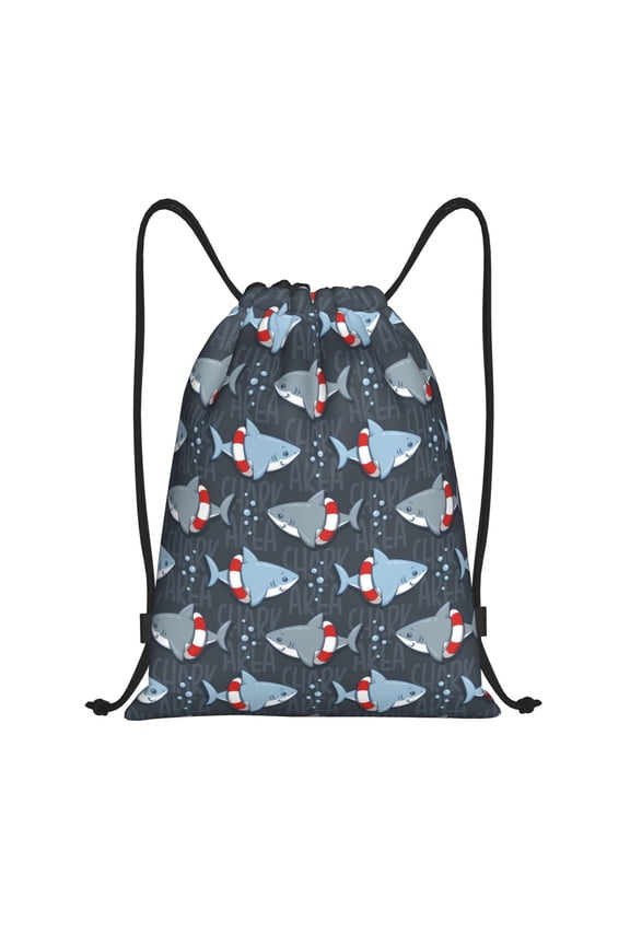 Drawstring Backpack - Shark Wearing Swim Ring Splash Proof Small Drawstring Gym Bag for Women Men, Cinch Sports String Bag Backpack for Travel Swimming Beach
