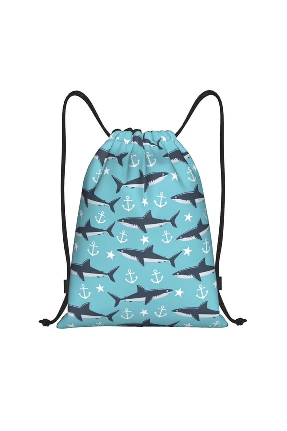 Drawstring Backpack - Shark star anchor blue cute Splash Proof Small Drawstring Gym Bag for Women Men, Cinch Sports String Bag Backpack for Travel Swimming Beach