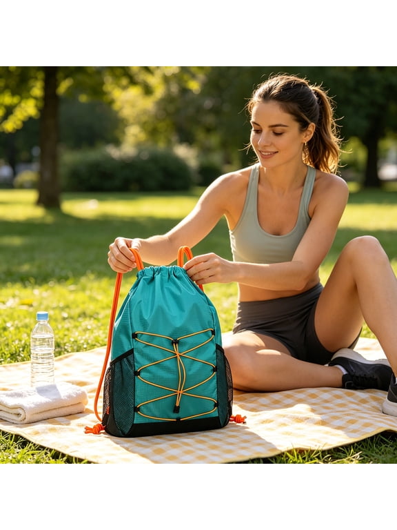 Drawstring Backpack With Side Mesh Pockets, Large Capacity Gym Sack Bag, Water-Resistant Sport Bag For Hiking, Cycling, Travel, Workout & Outdoor Activities Sky Blue