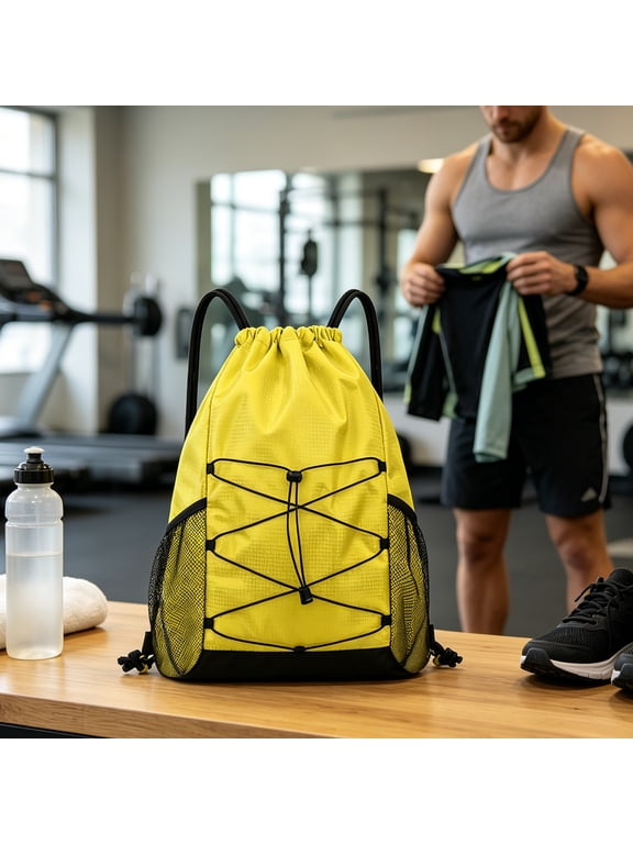 Drawstring Backpack With Side Mesh Pockets, Large Capacity Gym Sack Bag, Water-Resistant Sport Bag For Hiking, Cycling, Travel, Workout & Outdoor Activities Yellow