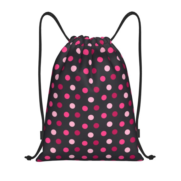 Drawstring Backpack - Simple pink polka dots black Splash Proof Small Drawstring Gym Bag for Women Men, Cinch Sports String Bag Backpack for Travel Swimming Beach