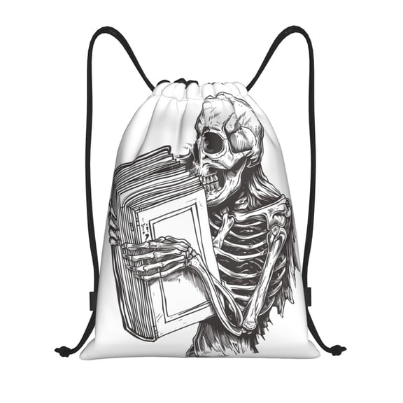 Drawstring Backpack - Skeleton Book Lover Splash Proof Small Drawstring Gym Bag for Women Men, Cinch Sports String Bag Backpack for Travel Swimming Beach