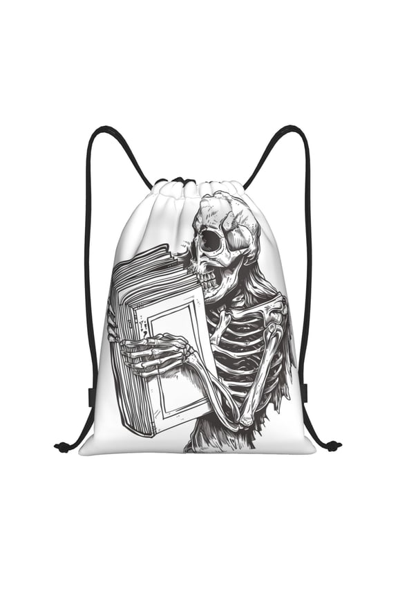 Drawstring Backpack - Skeleton Book Lover Splash Proof Small Drawstring Gym Bag for Women Men, Cinch Sports String Bag Backpack for Travel Swimming Beach