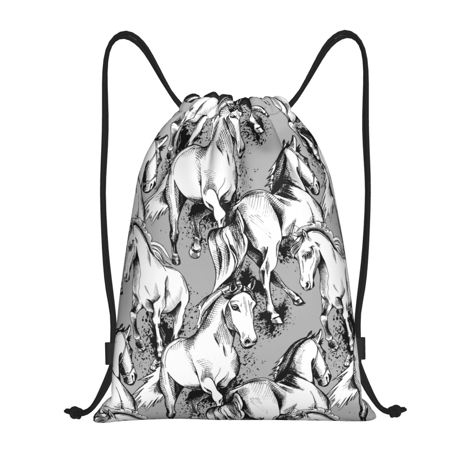 Drawstring Backpack, Sketch Cute Horse Black White Light Waterproof ...