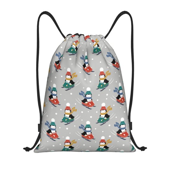 Drawstring Backpack - Skiing penguin Splash Proof Small Drawstring Gym Bag for Women Men, Cinch Sports String Bag Backpack for Travel Swimming Beach