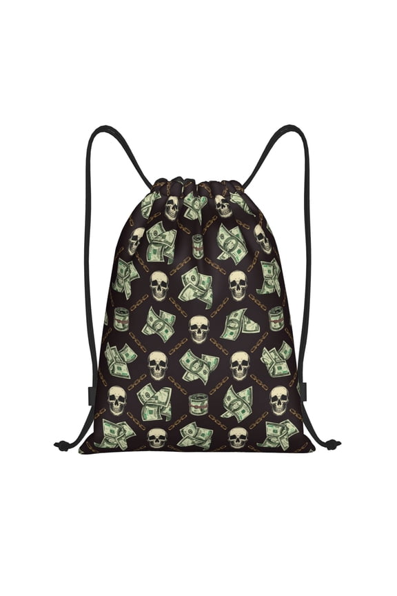 Drawstring Backpack - Skulls Gold Chains Dollar Splash Proof Small Drawstring Gym Bag for Women Men, Cinch Sports String Bag Backpack for Travel Swimming Beach