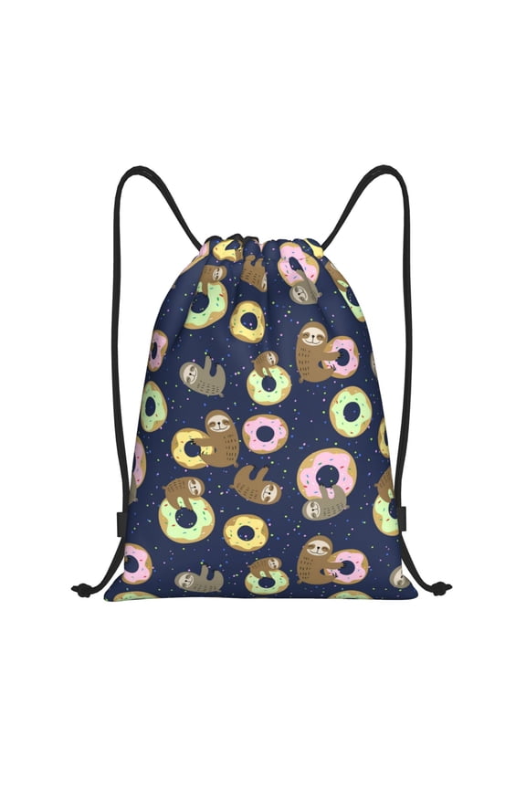 Drawstring Backpack - Sloth with Donuts Splash Proof Small Drawstring Gym Bag for Women Men, Cinch Sports String Bag Backpack for Travel Swimming Beach