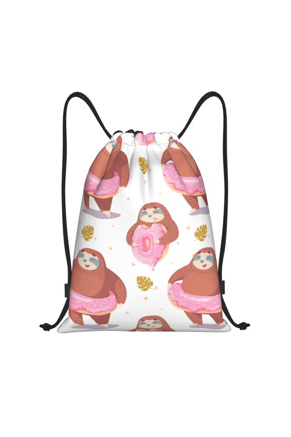 Drawstring Backpack - Sloth with Donuts1 Splash Proof Small Drawstring Gym Bag for Women Men, Cinch Sports String Bag Backpack for Travel Swimming Beach