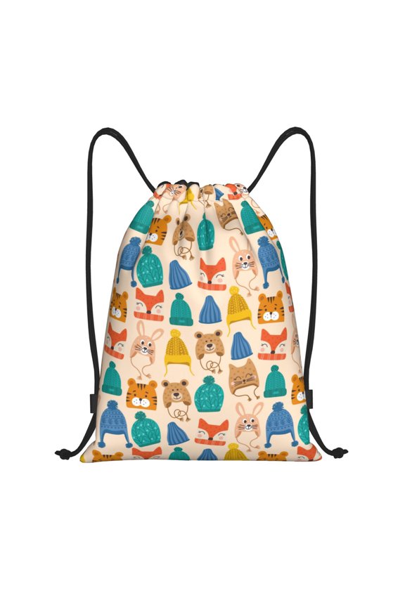 Drawstring Backpack - Small Animals with Knit Hat Pattern Splash Proof Small Drawstring Gym Bag for Women Men, Cinch Sports String Bag Backpack for Travel Swimming Beach