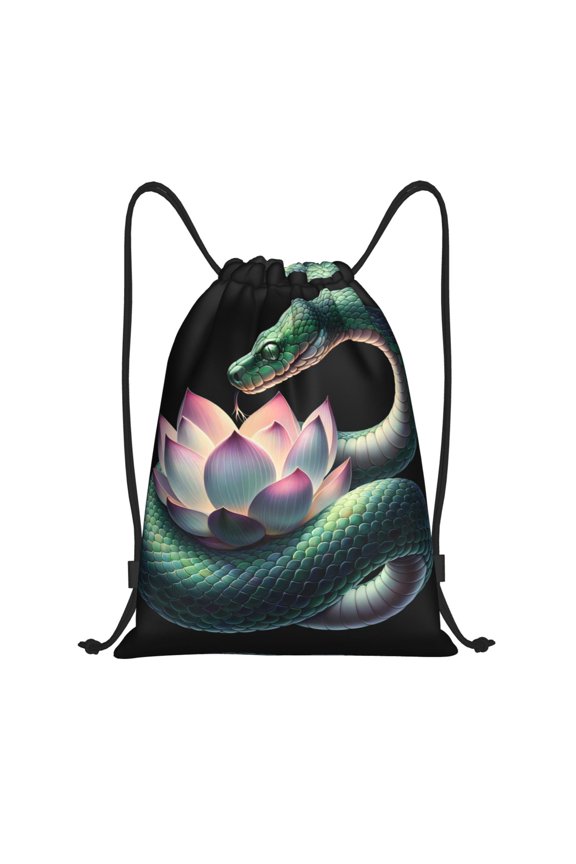 Drawstring Backpack - Snake Holding A Lotus Splash Proof Small Drawstring Gym Bag for Women Men, Cinch Sports String Bag Backpack for Travel Swimming Beach