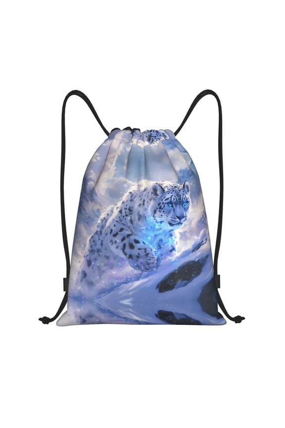 Drawstring Backpack - Snow Leopard Sparkling Snow Splash Proof Small Drawstring Gym Bag for Women Men, Cinch Sports String Bag Backpack for Travel Swimming Beach