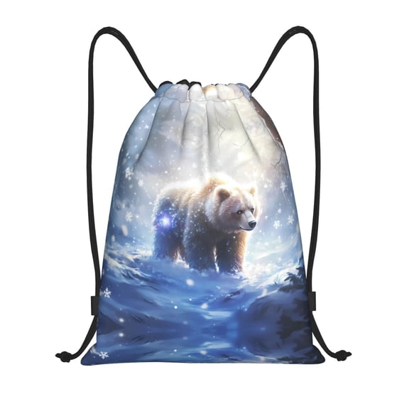 Drawstring Backpack - Snowy Bear Snowflakes Splash Proof Small Drawstring Gym Bag for Women Men, Cinch Sports String Bag Backpack for Travel Swimming Beach