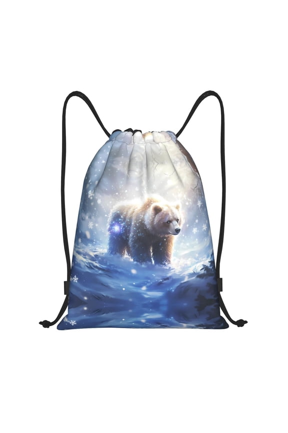 Drawstring Backpack - Snowy Bear Snowflakes Splash Proof Small Drawstring Gym Bag for Women Men, Cinch Sports String Bag Backpack for Travel Swimming Beach