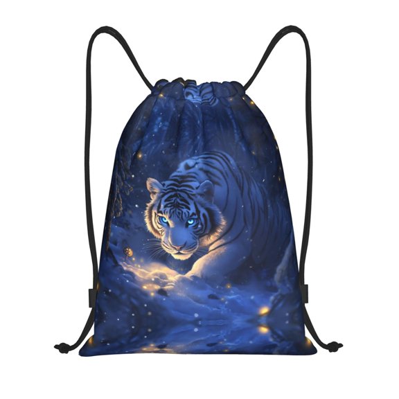 Drawstring Backpack - Snowy White Tiger Prowling Splash Proof Small Drawstring Gym Bag for Women Men, Cinch Sports String Bag Backpack for Travel Swimming Beach
