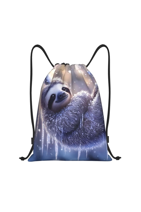Drawstring Backpack - Snowy cute sloth Splash Proof Small Drawstring Gym Bag for Women Men, Cinch Sports String Bag Backpack for Travel Swimming Beach