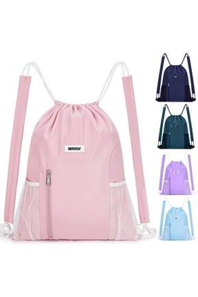 Drawstring Backpack Sports Gym Bag with Mesh Pockets, Water-Resistant String Backpack Cinch Sack for Men Women, Large Capacity Athletic Sackpack for Travel, Swimming, Cycling(Pink)