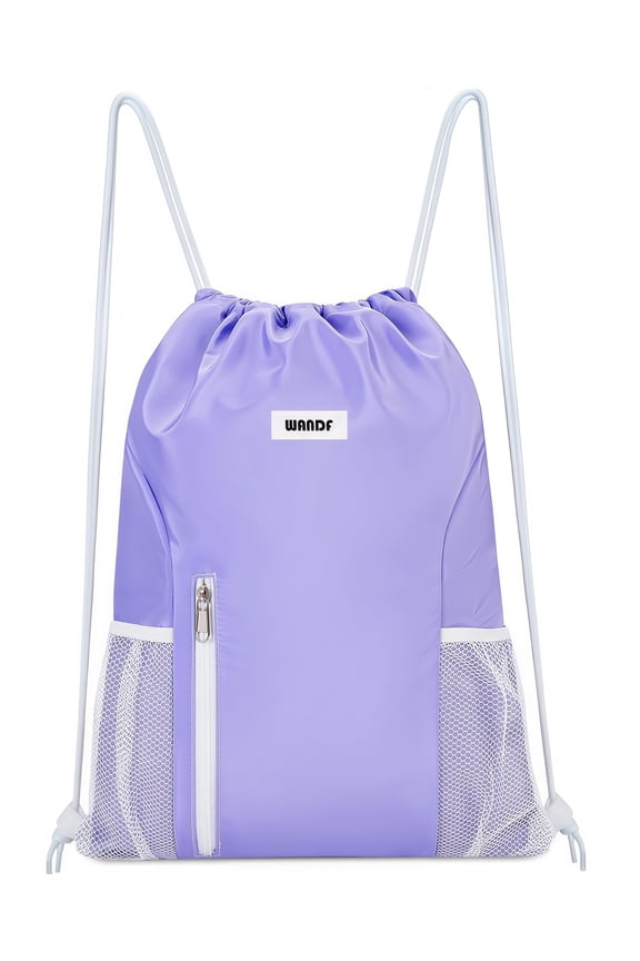 Sports Drawstring Backpack with Mesh Pockets, Waterproof Gym Bag String Backpack for Men Women, Large Capacity Athletic Sackpack for Travel, Swimming, Cycling(Purple)