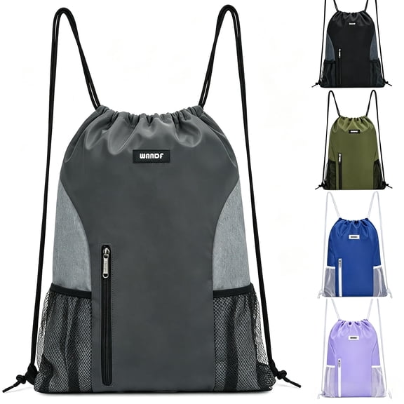 Sports Drawstring Backpack with Mesh Pockets, Waterproof Gym Bag String Backpack for Men Women, Large Capacity Athletic Sackpack for Travel, Swimming, Cycling(Gray)