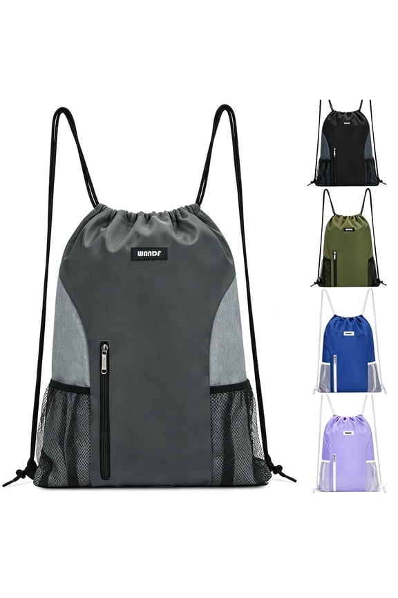 Sports Drawstring Backpack with Mesh Pockets, Waterproof Gym Bag String Backpack for Men Women, Large Capacity Athletic Sackpack for Travel, Swimming, Cycling(Gray)