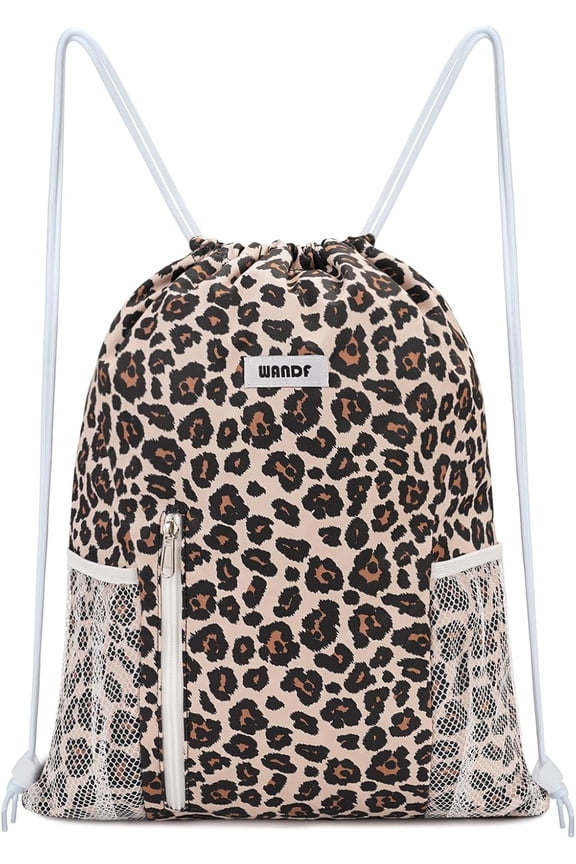 Drawstring Backpack Sports Gym Bag with Mesh Pockets, Water-Resistant String Backpack Cinch Sack for Men Women, Large Capacity Athletic Sackpack for Travel, Swimming, Cycling(Leopard)