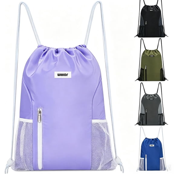 Sports Drawstring Backpack with Mesh Pockets, Waterproof Gym Bag String Backpack for Men Women, Large Capacity Athletic Sackpack for Travel, Swimming, Cycling(Purple)