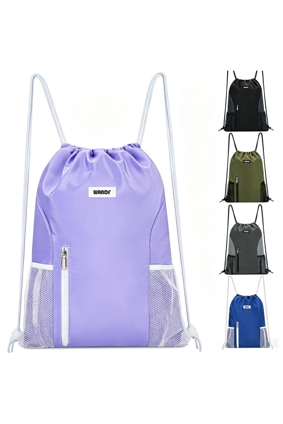 Sports Drawstring Backpack with Mesh Pockets, Waterproof Gym Bag String Backpack for Men Women, Large Capacity Athletic Sackpack for Travel, Swimming, Cycling(Purple)