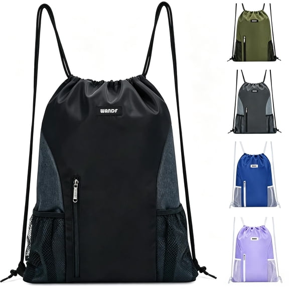 Sports Drawstring Backpack with Mesh Pockets, Waterproof Gym Bag String Backpack for Men Women, Large Capacity Athletic Sackpack for Travel, Swimming, Cycling(Black)