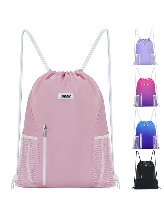 Drawstring Backpack Sports Gym Bag with Mesh Pockets, Water-Resistant String Backpack Cinch Sack for Men Women, Large Capacity Athletic Sackpack for Travel, Swimming, Cycling(Pink)