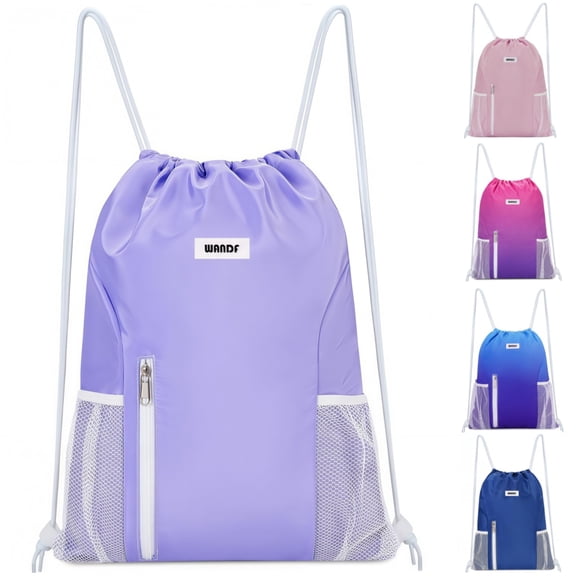 Sports Drawstring Backpack with Mesh Pockets, Waterproof Gym Bag String Backpack for Men Women, Large Capacity Athletic Sackpack for Travel, Swimming, Cycling(Purple)