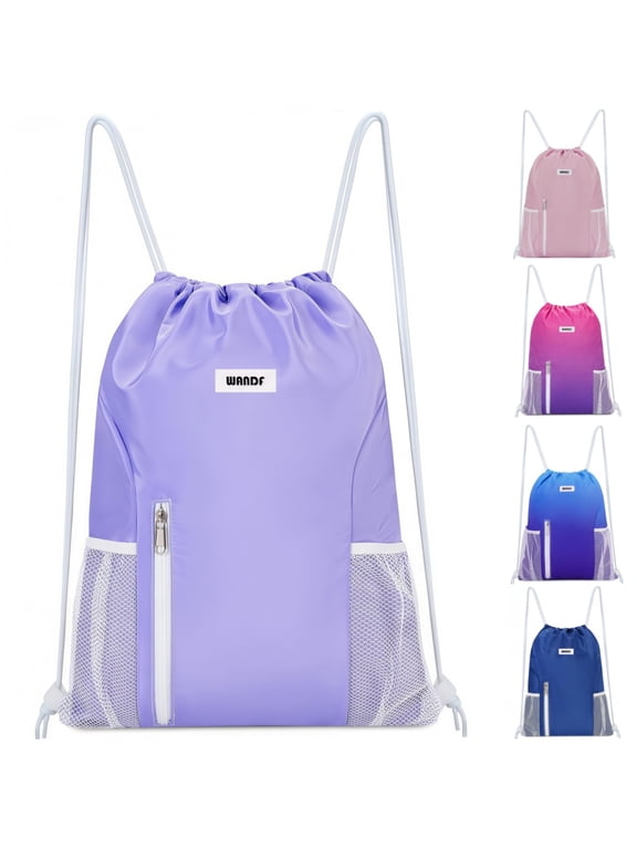 Sports Drawstring Backpack with Mesh Pockets, Waterproof Gym Bag String Backpack for Men Women, Large Capacity Athletic Sackpack for Travel, Swimming, Cycling(Purple)