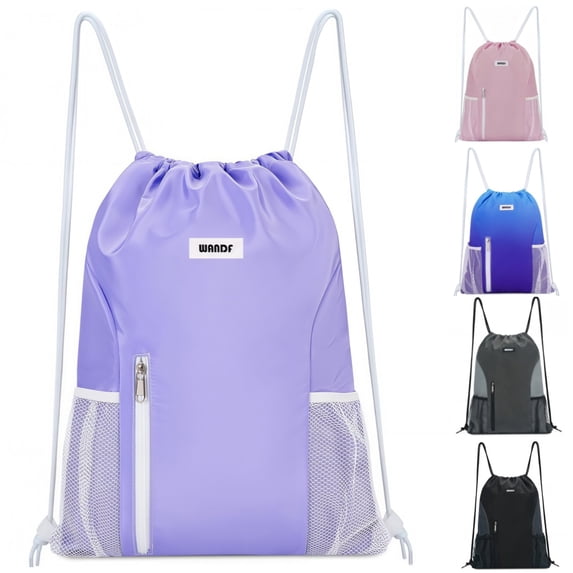 Sports Drawstring Backpack with Mesh Pockets, Waterproof Gym Bag String Backpack for Men Women, Large Capacity Athletic Sackpack for Travel, Swimming, Cycling(Purple)