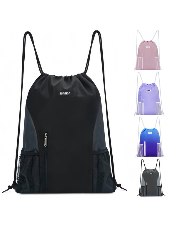 Sports Drawstring Backpack with Mesh Pockets, Waterproof Gym Bag String Backpack for Men Women, Large Capacity Athletic Sackpack for Travel, Swimming, Cycling(Black)