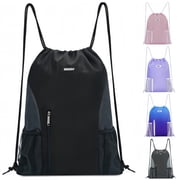 Sports Drawstring Backpack with Mesh Pockets, Waterproof Gym Bag String Backpack for Men Women, Large Capacity Athletic Sackpack for Travel, Swimming, CyclingBlack