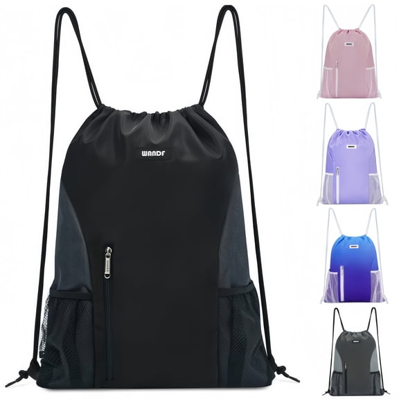 Sports Drawstring Backpack with Mesh Pockets, Waterproof Gym Bag String Backpack for Men Women, Large Capacity Athletic Sackpack for Travel, Swimming, Cycling(Black)