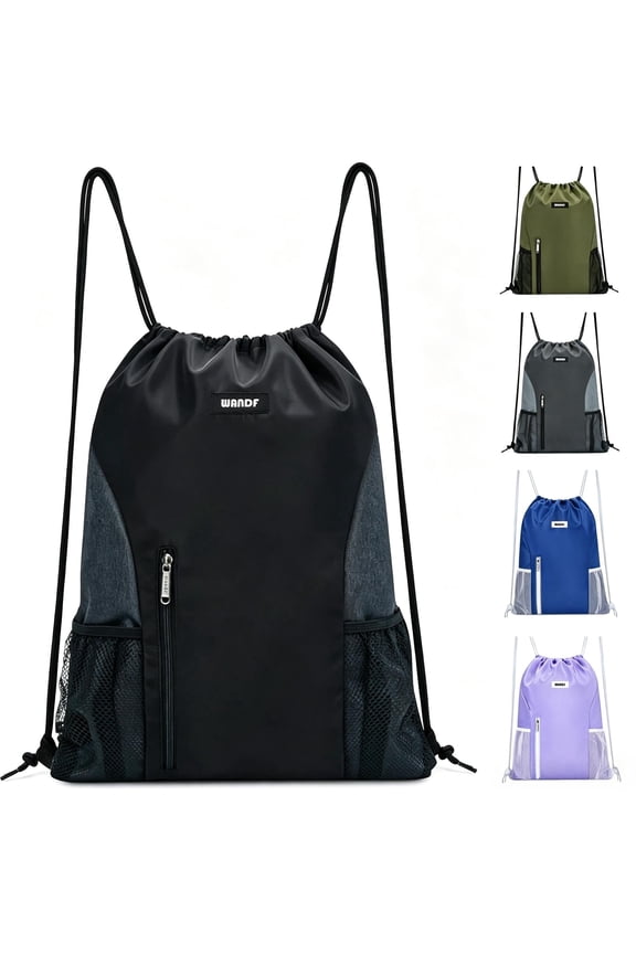 Sports Drawstring Backpack with Mesh Pockets, Waterproof Gym Bag String Backpack for Men Women, Large Capacity Athletic Sackpack for Travel, Swimming, Cycling(Black)
