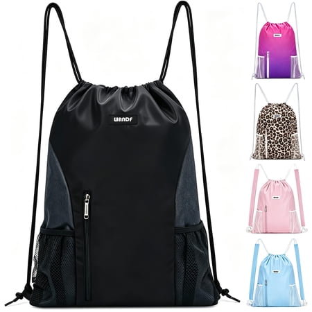 Sports Drawstring Backpack with Mesh Pockets, Waterproof Gym Bag String Backpack for Men Women, Large Capacity Athletic Sackpack for Travel, Swimming, Cycling(Black)